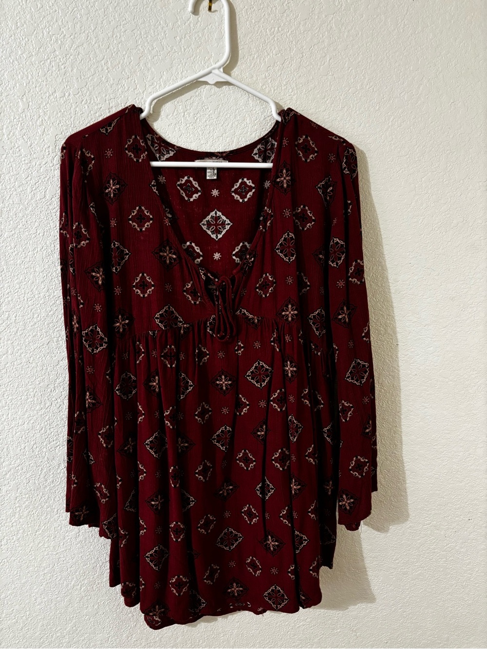 Amuse Society Burgundy Printed Long Sleeve Tunic Dress